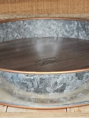 Farmhouse-Style Galvanized Round Tray with Wood Base - Copper Rim